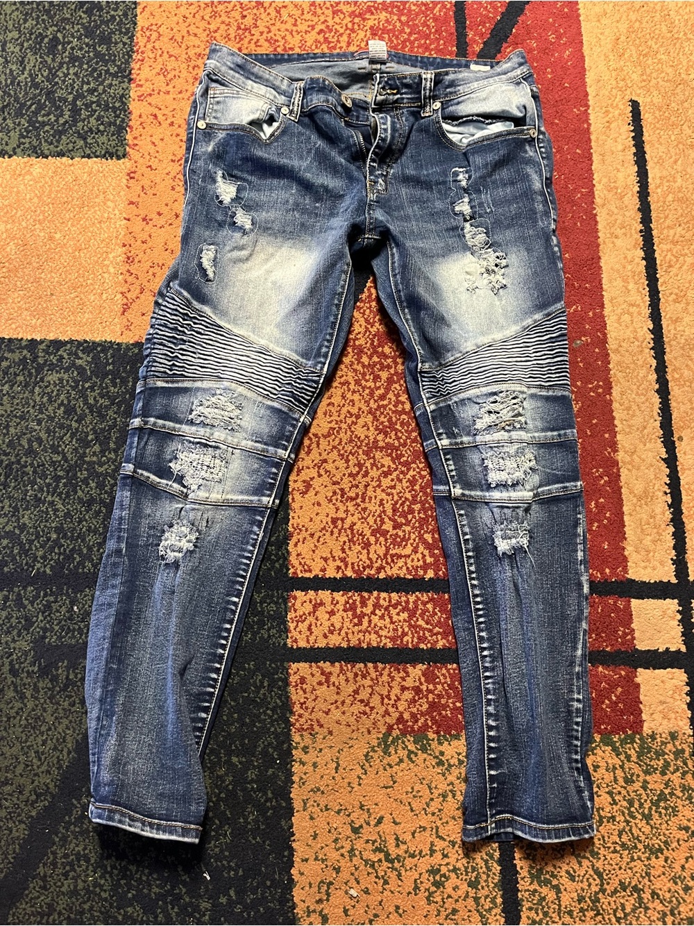 Men's Bleecker and Mercer Distressed Blue Moto Jeans